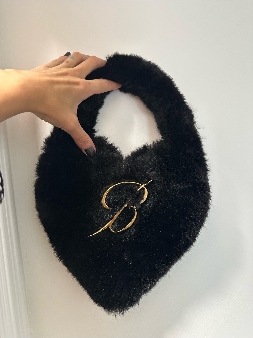 Blumarine Black Faux Fur Heart Mini Bag with Gold 'B' Emblem